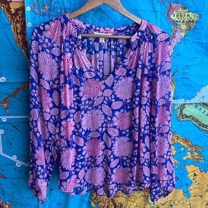 Boden Pink Floral Peasant Blouse on Blue